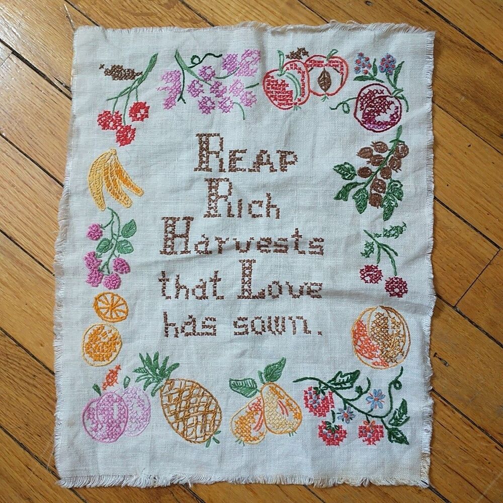 Vtg Linen Cross Stitch Embroidered Reap Rich Harvests Farm Fruits 11x14